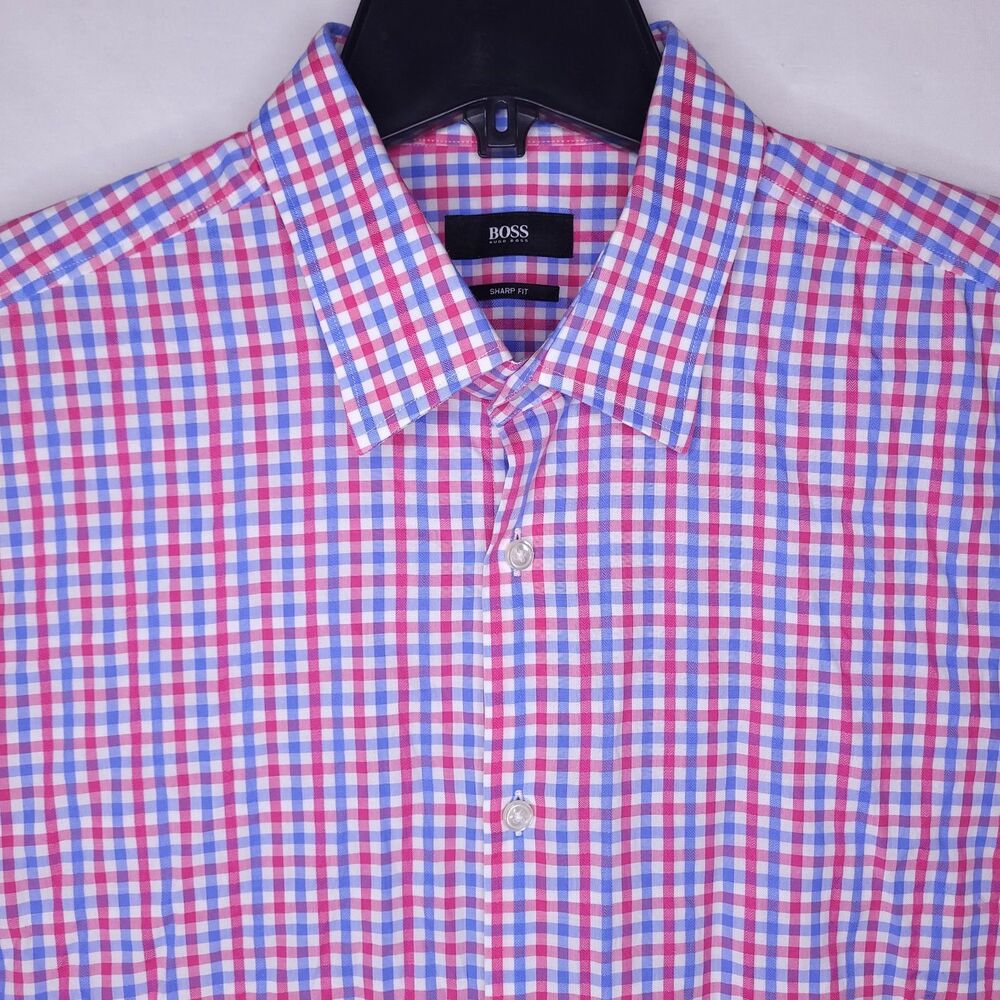 Hugo Boss Dress Shirt Mens 17 Gingham Red, Blue 34/35 Sharp Fit